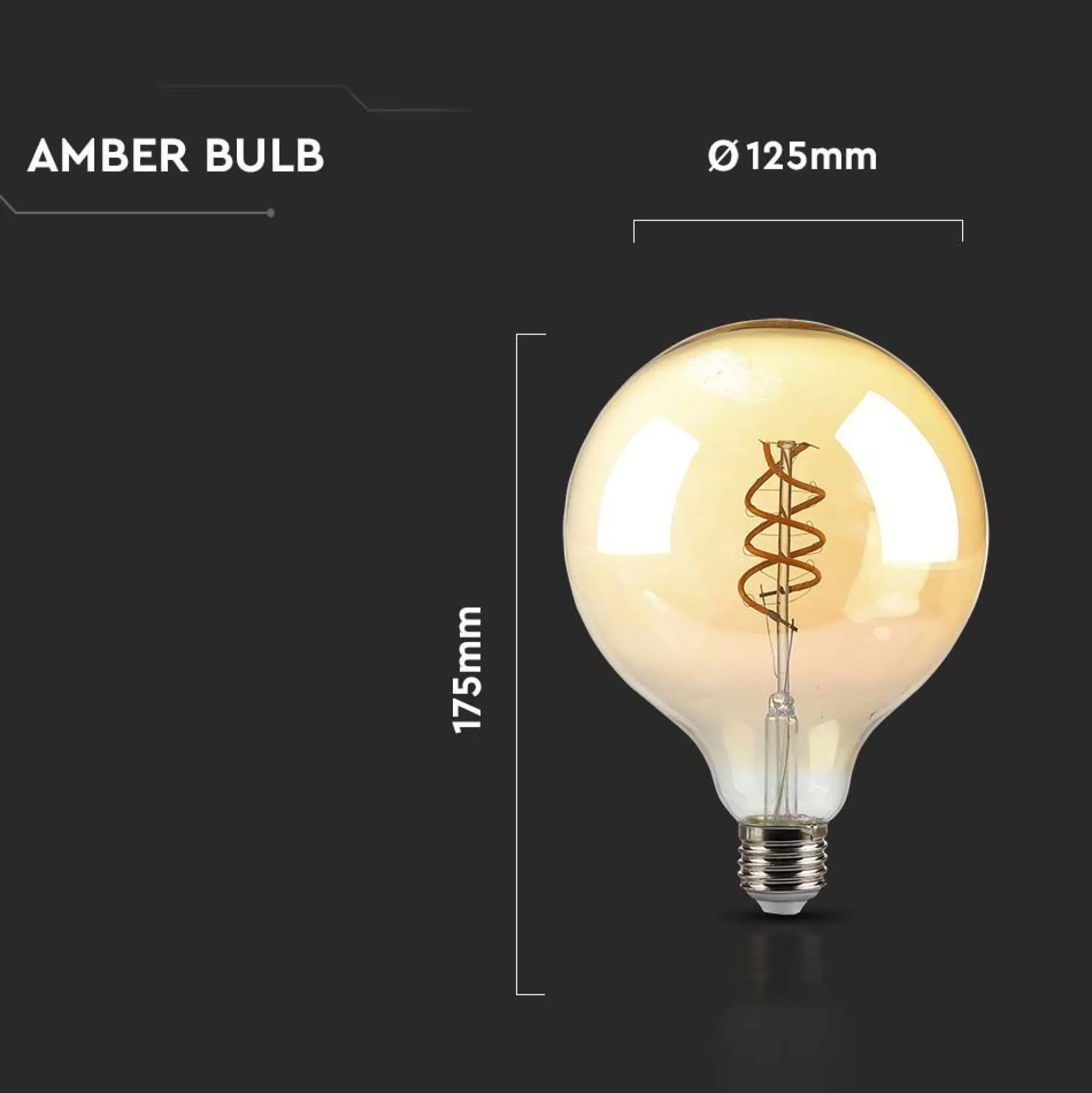 G125 LED pære, 6W, dobbelt spiral, kultråd, amber glas, E27, 400lm, RA80, 1800K