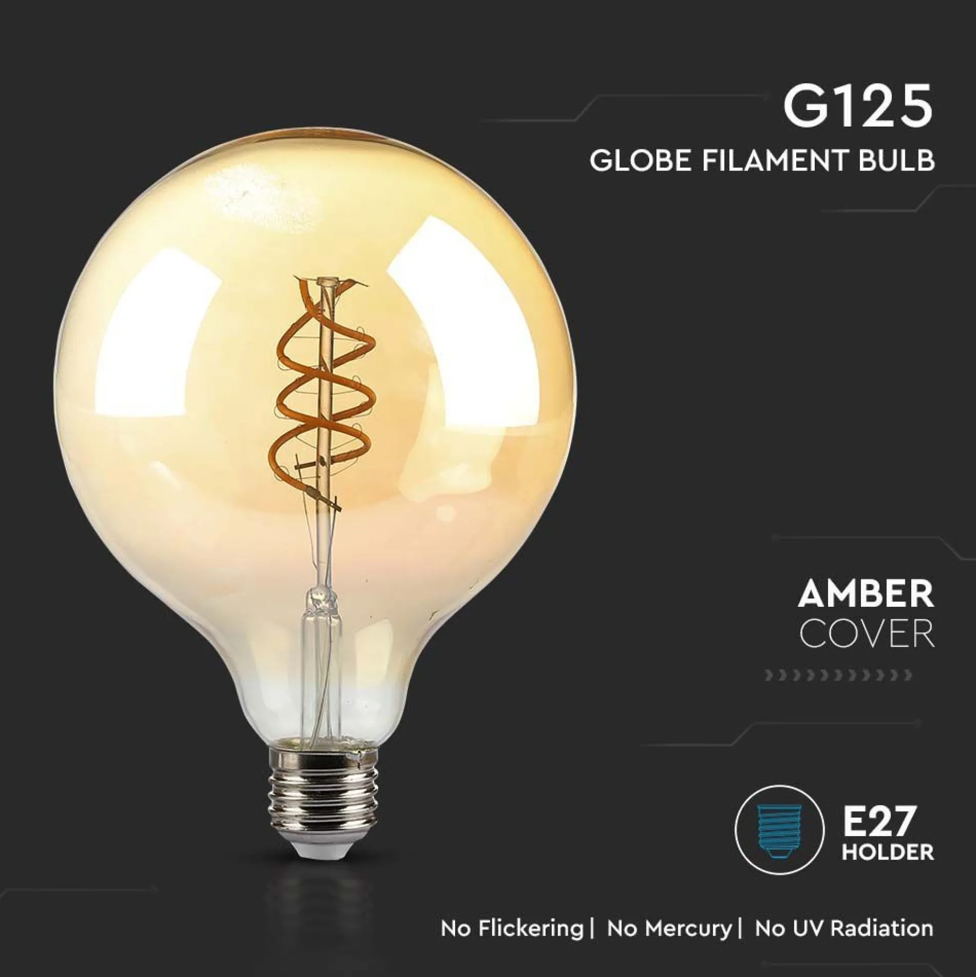 G125 LED pære, 6W, dobbelt spiral, kultråd, amber glas, E27, 400lm, RA80, 1800K
