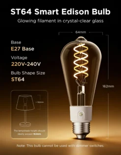 Govee Smart Edison pære E27, filament vintage, 2700-6500K, 500lm, Matter + Bleutooth