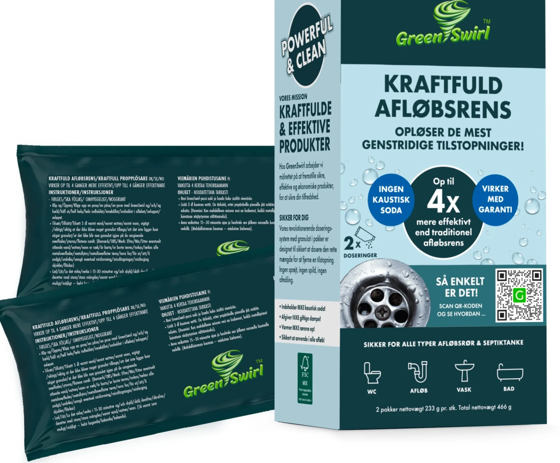 GreenSwirl kraftfuld afløbsrens, 2 doseringsposer à 233g
