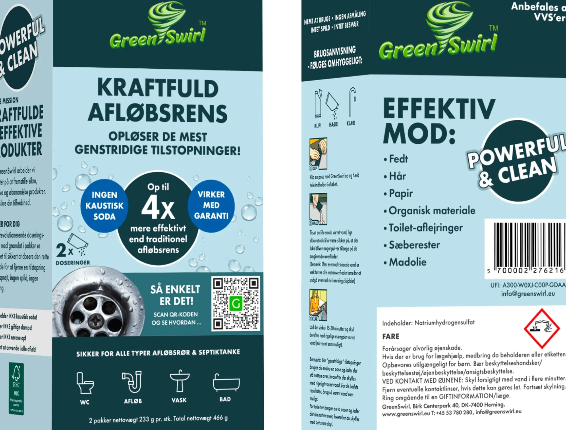 GreenSwirl kraftfuld afløbsrens, 2 doseringsposer à 233g