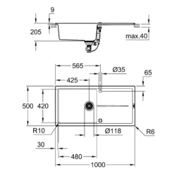 Grohe K400 kompositvask, med afløbsbakke, 1000 x 500 mm, sort
