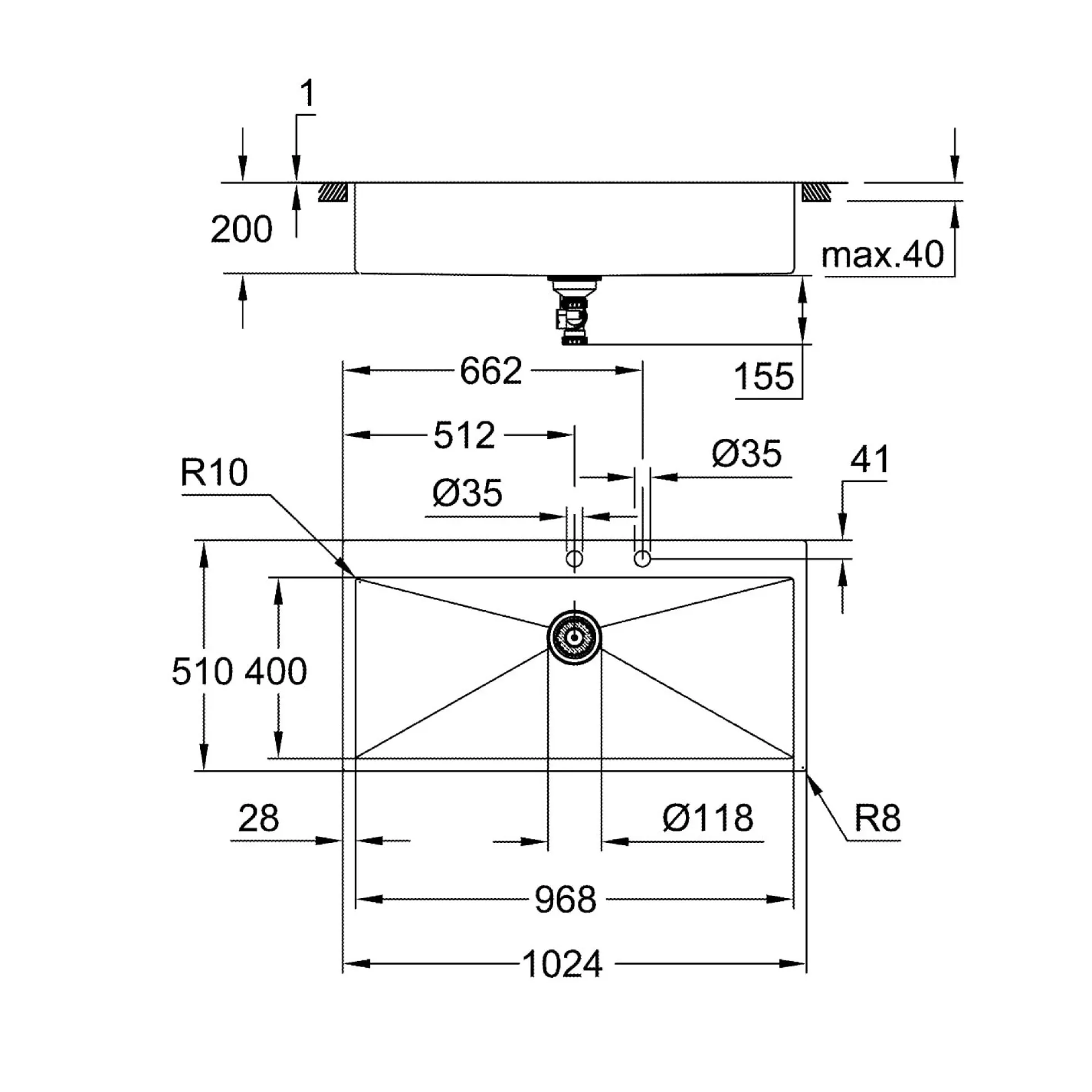 Grohe K800, rustfri stålvask, nedfældet/planlimet, 1024x510mm