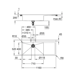 Grohe K1000, rustfri stålvask, nedfældet/planlimet, 1160x520mm