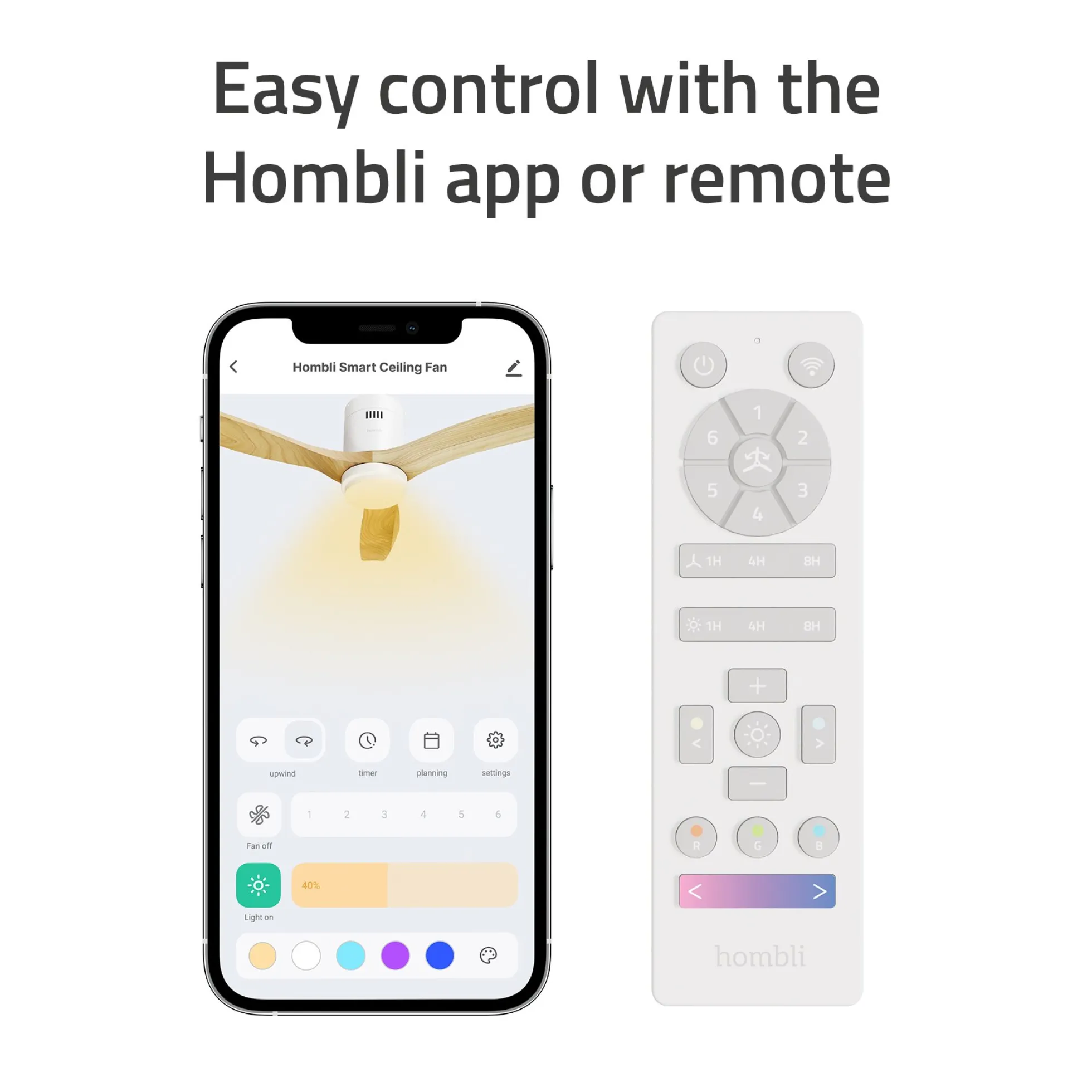 Hombli Smart Loftventilator med LED-lys, Ø132 cm, mulighed for app-styring, fjernbetjening, WiFi, hvid/lyst træ