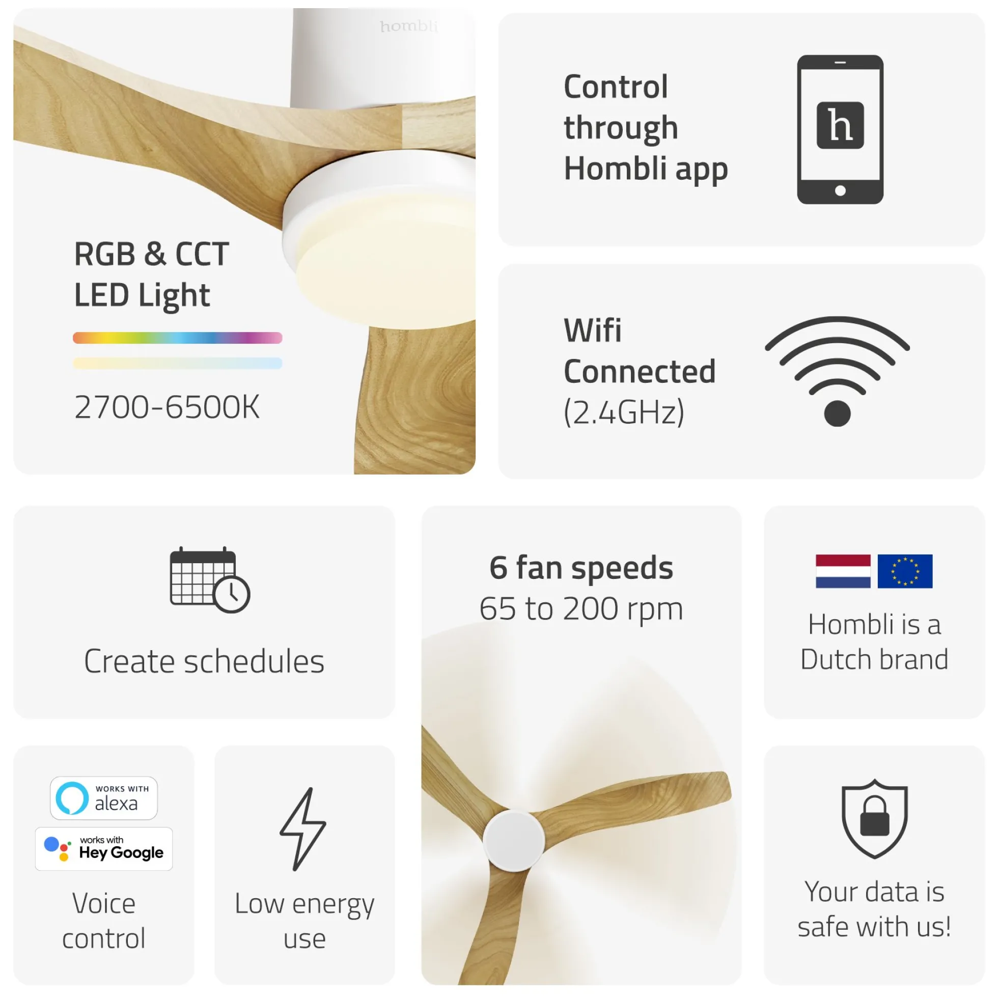 Hombli Smart Loftventilator med LED-lys, Ø132 cm, mulighed for app-styring, fjernbetjening, WiFi, hvid/lyst træ