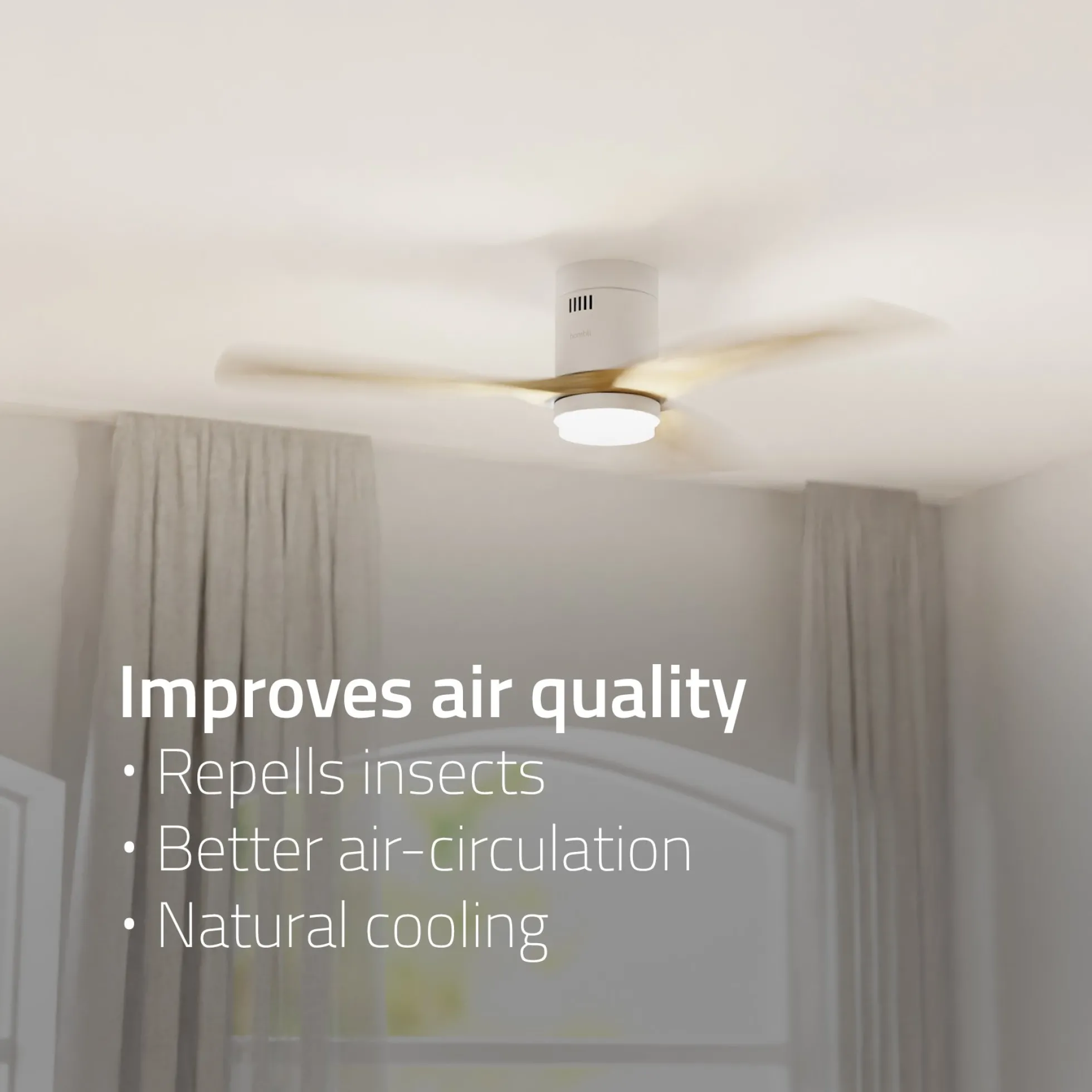 Hombli Smart Loftventilator med LED-lys, Ø132 cm, mulighed for app-styring, fjernbetjening, WiFi, hvid/lyst træ