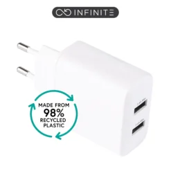 INFINITE (GRS) USB-A oplader EU 24W, 2 x USB-A, hvid, 98% genanvendt plast (rPC)