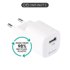 INFINITE (GRS) USB-A oplader EU, 12W, 1 x USB-A, hvid, 98% genanvendt plast (rPC)