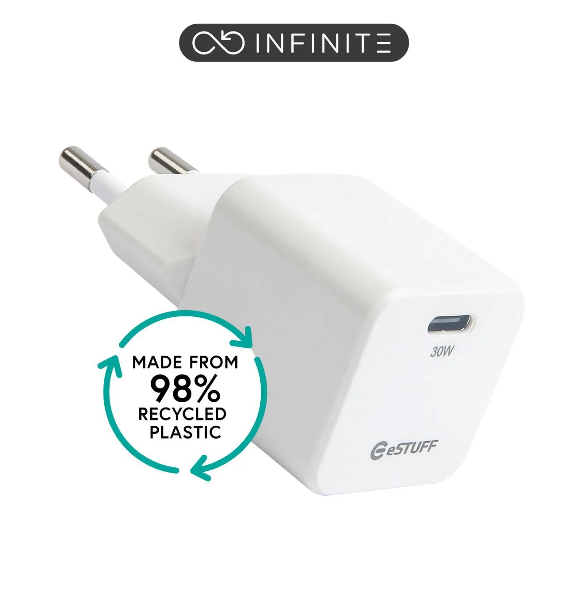 INFINITE (GRS) USB-C oplader EU PD 30W GaN, 1 x USB-C, hvid, 98% genanvendt plastik (rPC)