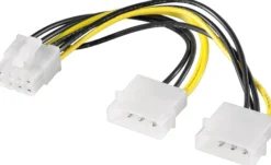 Intern PC strømforsyningskabel, 0,15 meter, 2x HDD/5,25" han (4-ben) - PCIe hun (8-ben) - MicroConnect