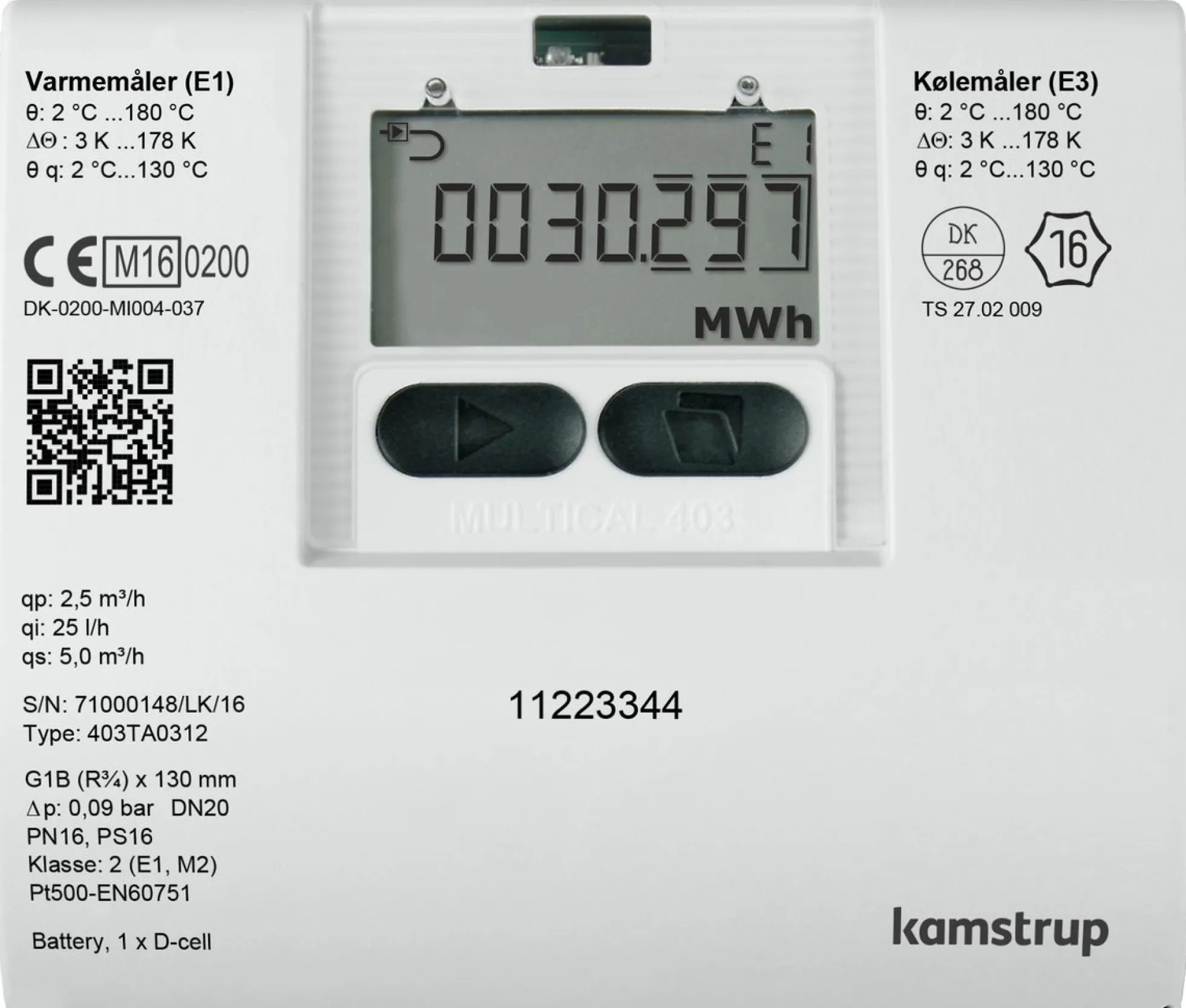 Kamstrup Multical 403 varmemåler, 1,5m³/h, 110mm, 3/4", retur