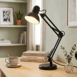 klassisk sort arkitektlampe, inkl. fod og bordklemme, E27 fatning, uden lyskilde