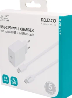 Komplet USB-C vægoplader, 20W vægadapter + 1 meter USB-C kabel, hvid