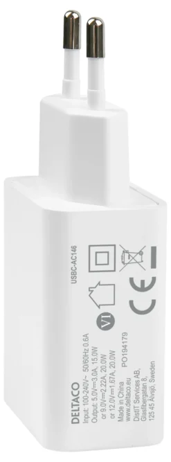 Komplet USB-C vægoplader, 20W vægadapter + 1 meter USB-C kabel, hvid