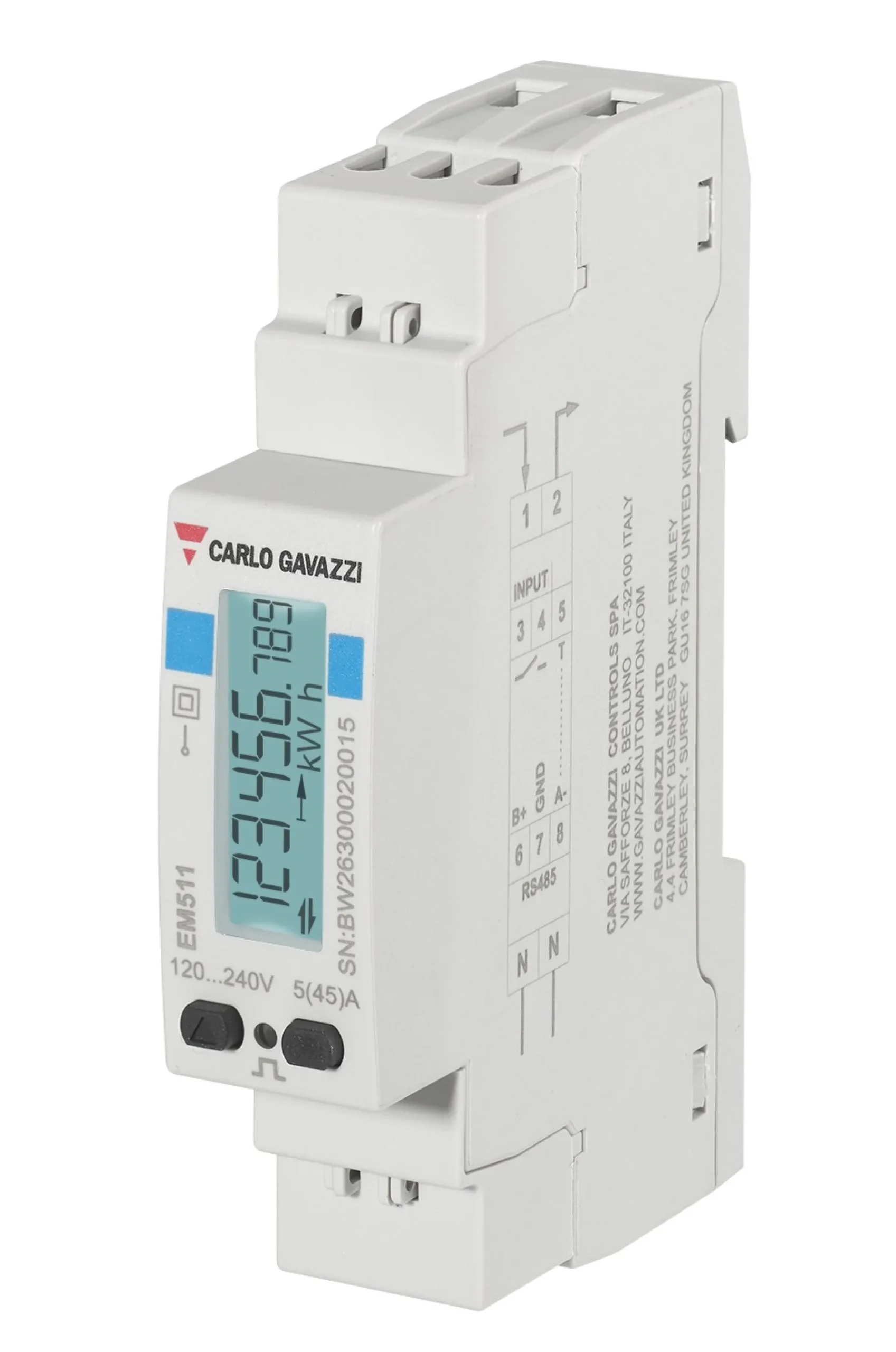 KWH Måler 1-Faset Standard, 45A Direkte Modbus, DIN, 17,5 mm - Carlo Gavazzi
