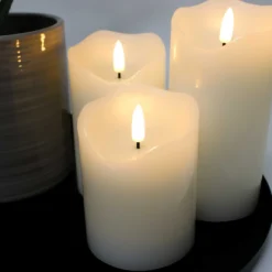 LED bloklys med flammeeffekt, hvid, 10/12,5/15 cm, fjernbetjening, timer, ægte stearin