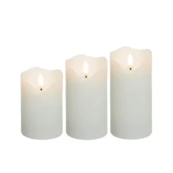 LED bloklys med flammeeffekt, hvid, 10/12,5/15 cm, fjernbetjening, timer, ægte stearin