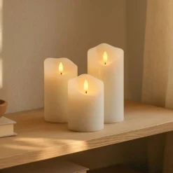 LED bloklys med flammeeffekt, hvid, 10/12,5/15 cm, fjernbetjening, timer, ægte stearin