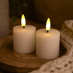 LED bloklys med flammeeffekt, hvid, 2 stk, ægte stearin, 5x5 cm