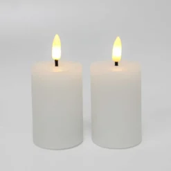 LED bloklys med flammeeffekt, hvid - 2 stk, inkl. fjernbetjening og timer, 7,5 cm høj, Ø5 cm, ægte stearin