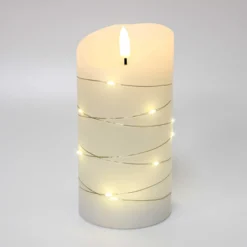 LED bloklys med lyskæde og flammeeffekt, 15 cm høj, inkl. fjernbetjening, ægte stearin, Ø7,5 cm