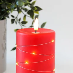 LED bloklys med lyskæde og flammeeffekt, 12,5 cm høj, rød