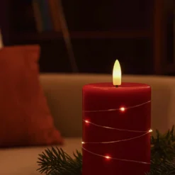 LED bloklys med lyskæde og flammeeffekt, 12,5 cm høj, rød