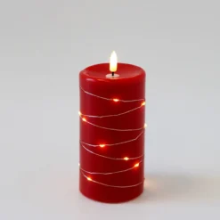 LED bloklys med lyskæde og flammeeffekt, 15 cm, rød stearin, fjernbetjening