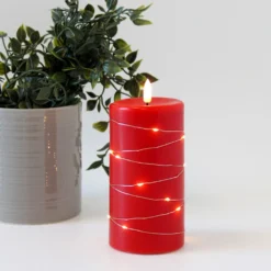 LED bloklys med lyskæde og flammeeffekt, 15 cm, rød stearin, fjernbetjening