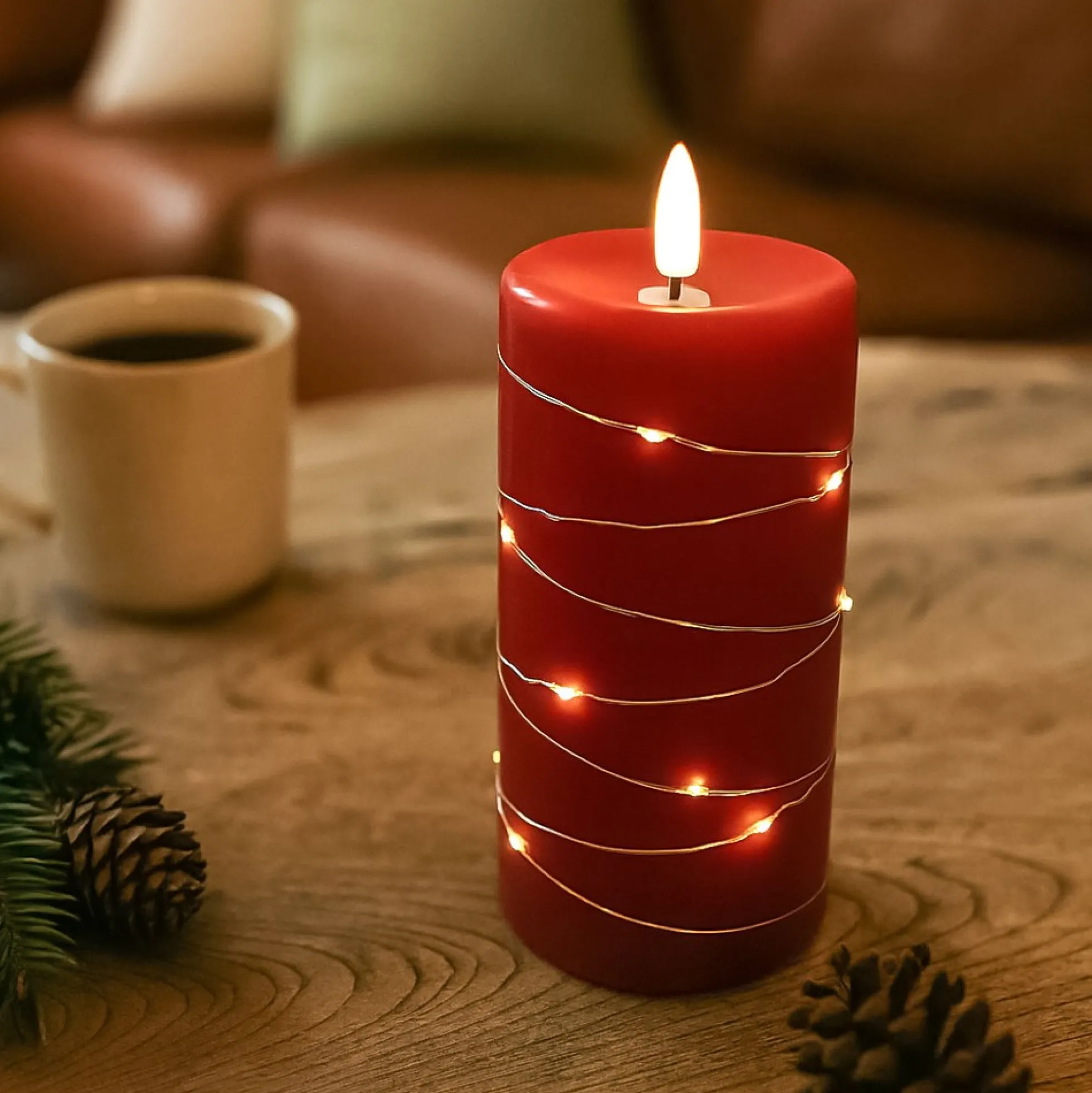 LED bloklys med lyskæde og flammeeffekt, 15 cm, rød stearin, fjernbetjening