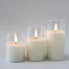 LED bloklys sæt i glas med flammeeffekt, 3 stk - Inkl. fjernbetjening og timer, højde 10/12,5/15 cm, ægte stearin