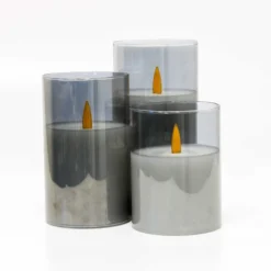 LED Bloklys sæt i røgfarvet glas Ø7,5cm, 3 stk, med flammeeffekt - Inkl. fjernbetjening og timer, 10/12,5/15cm høj, ægte stearin - LEDlife