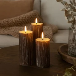 LED bloklys sæt med træ-look, smelteeffekt og fjernbetjening, Ø5,5 cm, 10/12,5/15 cm