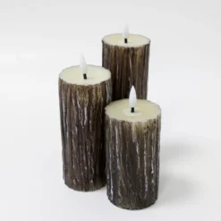 LED bloklys sæt med træ-look, smelteeffekt og fjernbetjening, Ø5,5 cm, 10/12,5/15 cm