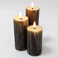 LED bloklys sæt med træ-look, smelteeffekt og fjernbetjening, Ø5,5 cm, 10/12,5/15 cm