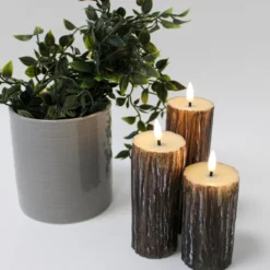 LED bloklys sæt med træ-look, smelteeffekt og fjernbetjening, Ø5,5 cm, 10/12,5/15 cm