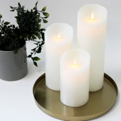 LED bloklys XL, 3 stk, Ø10 cm, 17,5/22,5/30 cm høj, bevægelig flamme, hvid - Inkl. fjernbetjening og timer, ægte stearin