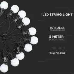 LED lyskæde, 10 pærer, 5 meter, IP44, inkl. lyskilde, 5W, 230V, 300lm