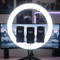 LED ring light med stativ, 55W, Ø44cm, 3 telefonholdere, fjernbetjening, 3200K-5800K, 3-i-1 kulør