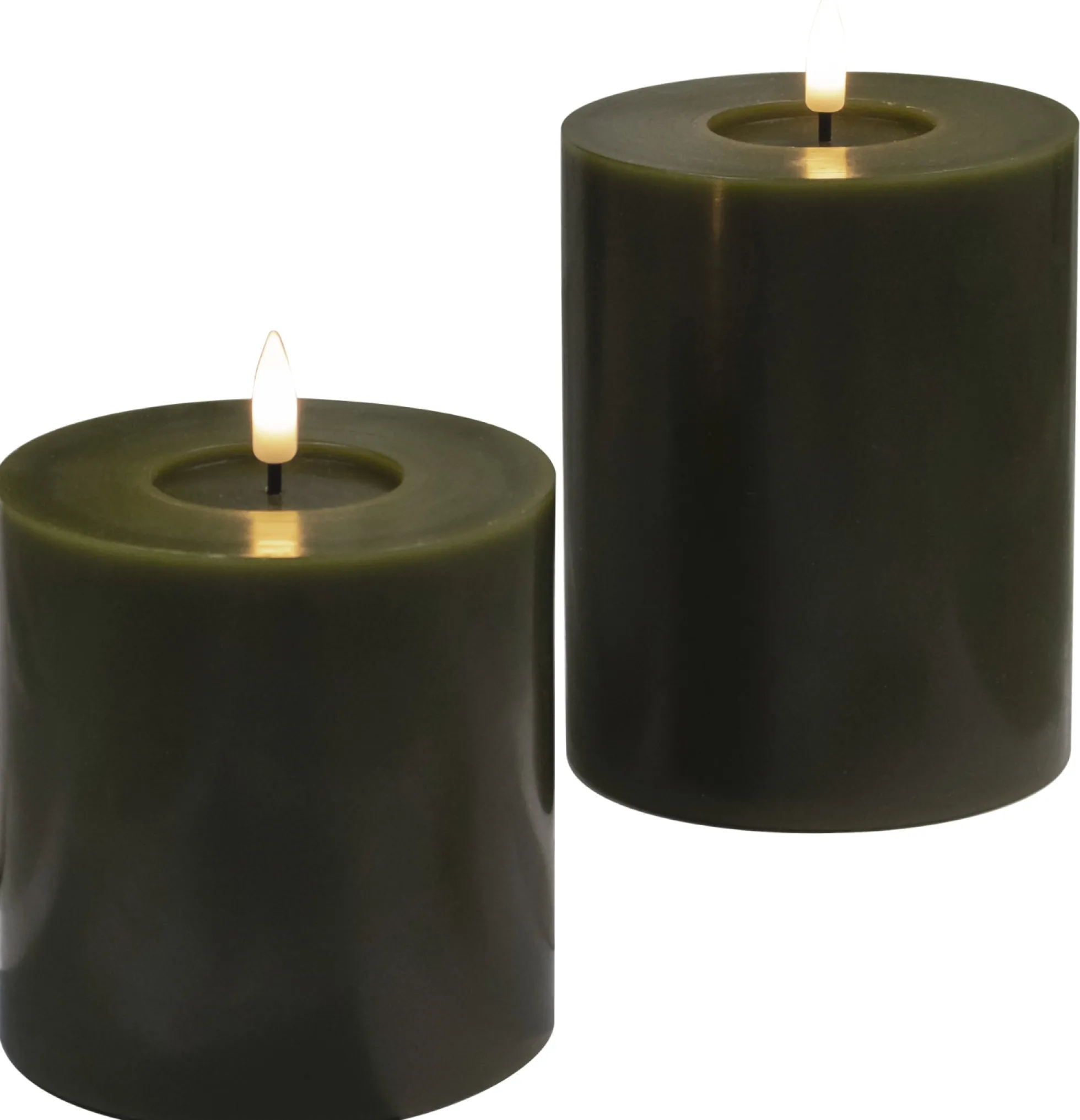 LED vokslys, oliven grøn, 2 pak, med 3D flamme og timer, IP20