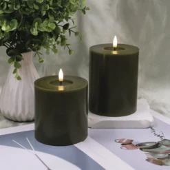 LED vokslys, oliven grøn, 2 pak, med 3D flamme og timer, IP20