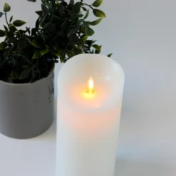 LED XL Bloklys med flammeeffekt og fjernbetjening, hvid, Ø10 cm, 22,5 cm høj, timer, ægte stearin