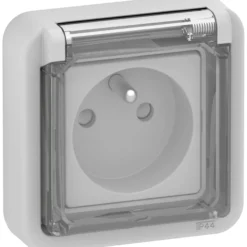 LK OPUS® 74, Stikkontakt med fransk pindjord og transparent front, 1 modul, lysegrå – Lauritz Knudsen