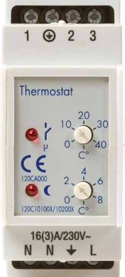 LK – Termostat med natsænkning til DIN-skinne (0 til 40° C)