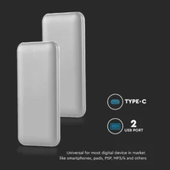 10000mAh power bank, 10W, sølv, LED display, inkl. 30cm Type-C kabel