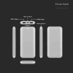 10000mAh power bank, 10W, sølv, LED display, inkl. 30cm Type-C kabel