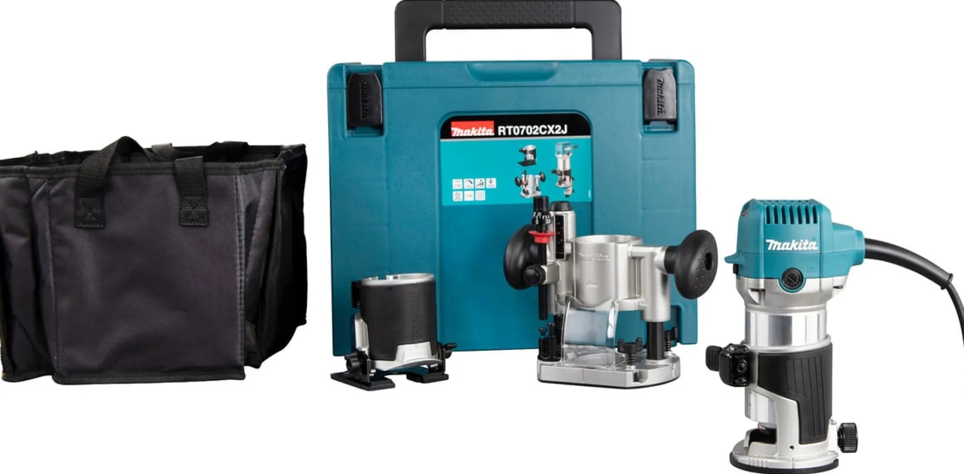 Makita 710W Fræser, RT0702CX2J, 6 mm og 8 mm spændetang, kantfræser modul, vinkelfræser modul, overfræser modul, rundfræser modul