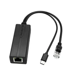 1000 Mbit PoE splitter, USB-C strømindgang, RJ45 dataudgang, USB-C strømudgang, sort