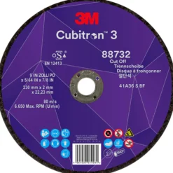 3M Cubitron III Skæreskive, 230-2, plan, stål/RF, T41, 22,2mm, 6650 pr. minut